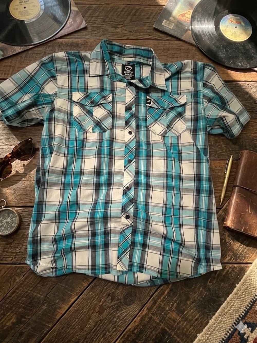 South Pole Men’s Teal Plaid Short-Sleeve Button-Up Shirt